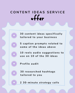 Black Friday Content ideas service, profile audit, caption prompts, reels audio suggestions, hashtags, strategy calls